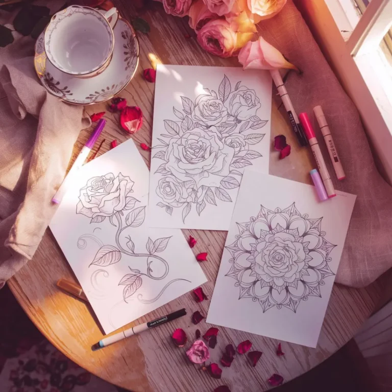 Rose coloring pages (free pdf printables)