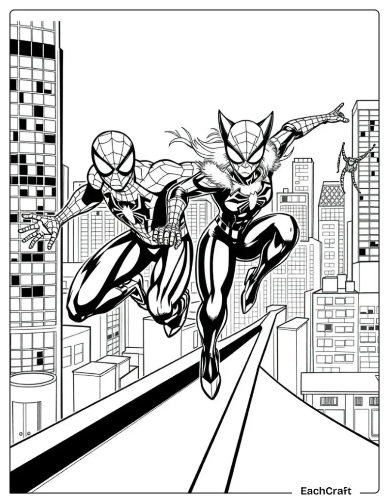 Spider man and black cat on building