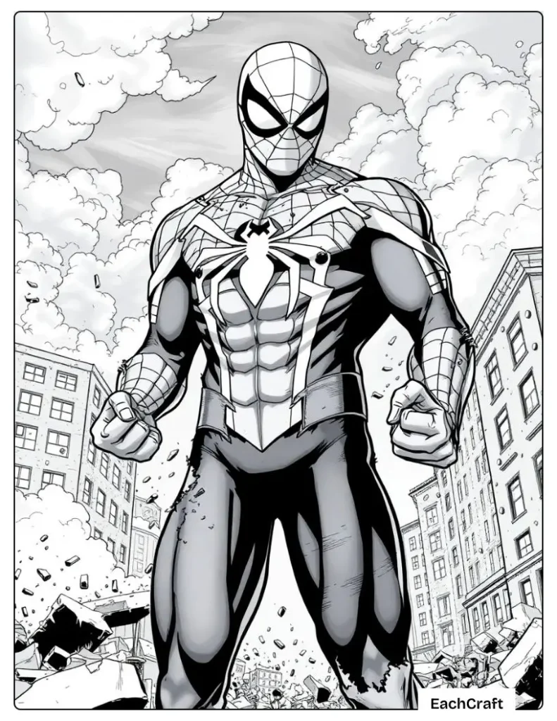 Spider man in a battle damaged suit