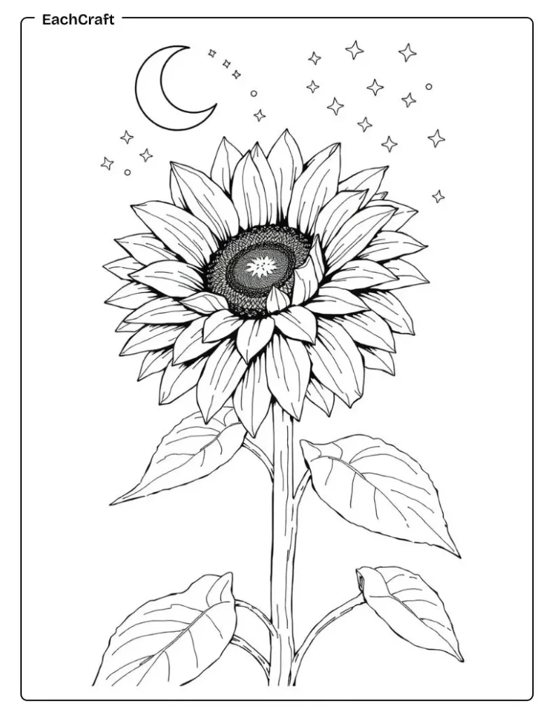 Sunflower in night with moon and star