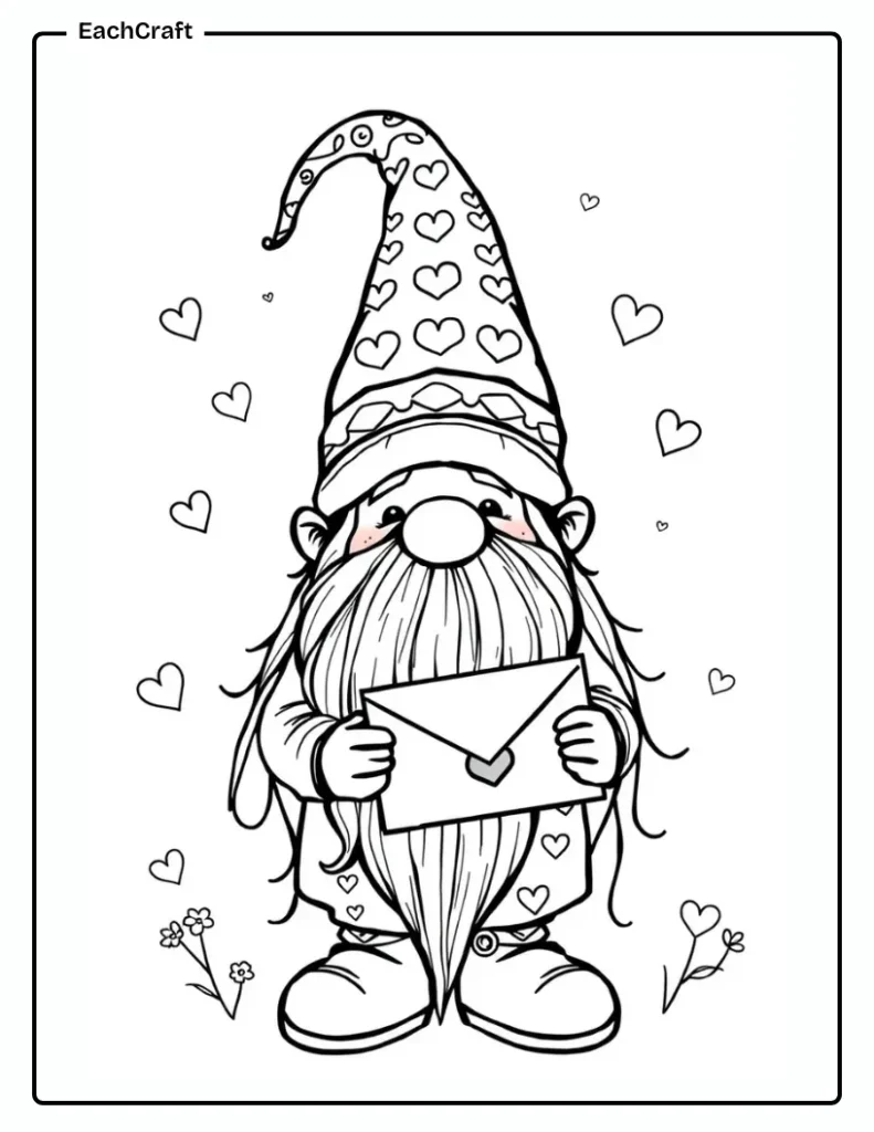 Valentine’s day gnome holding a heart envelope