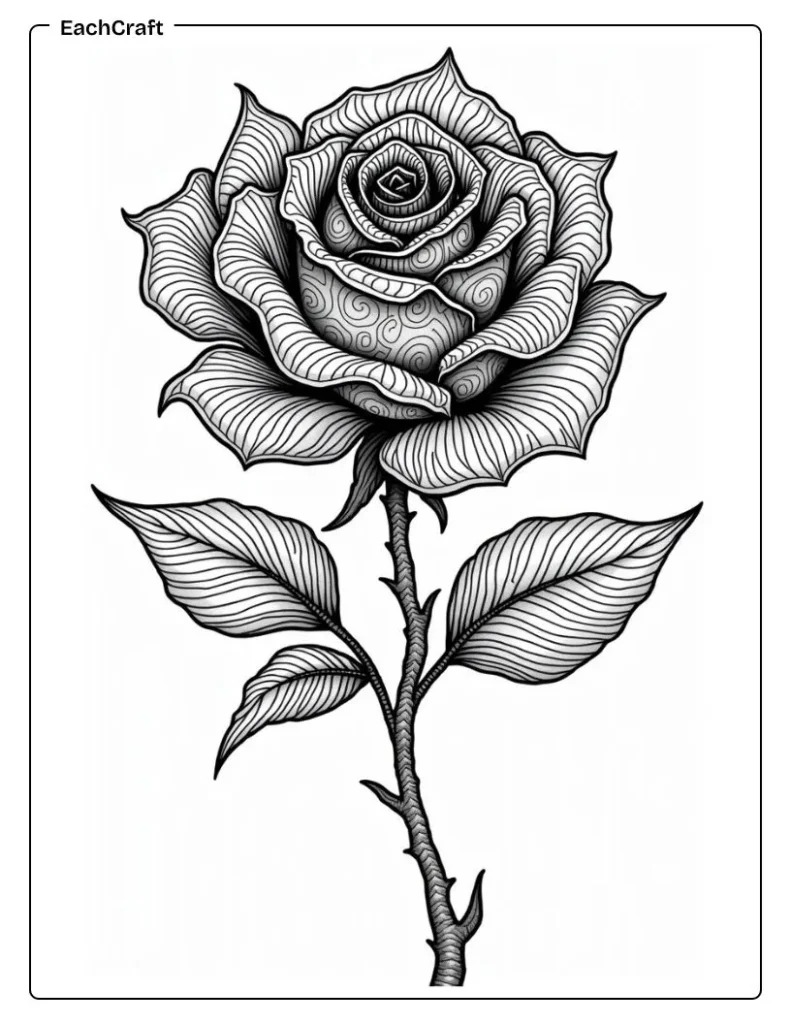 Zentangle pattern rose coloring page