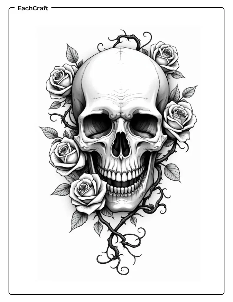 Skull surrounded by blooming roses